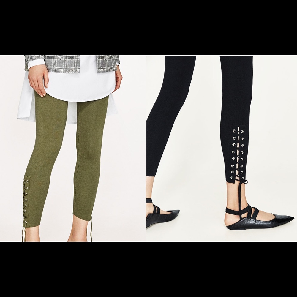 ZARA Knit Lace-Up Leggings Pants in Moss Green